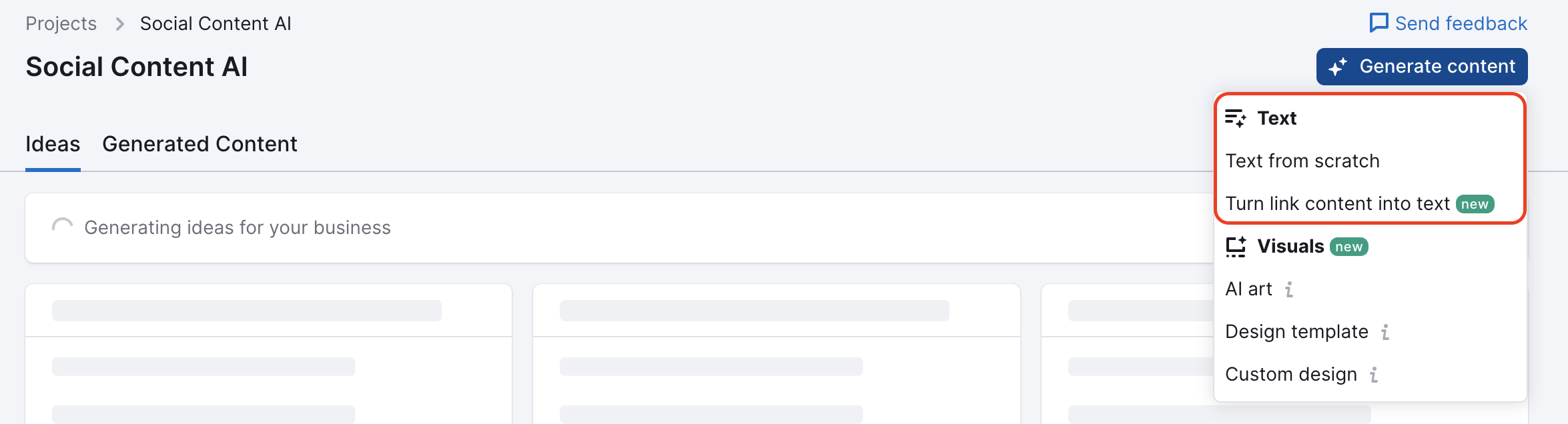 An example of the Generate content button with the Text options highlighted in the drop-down.